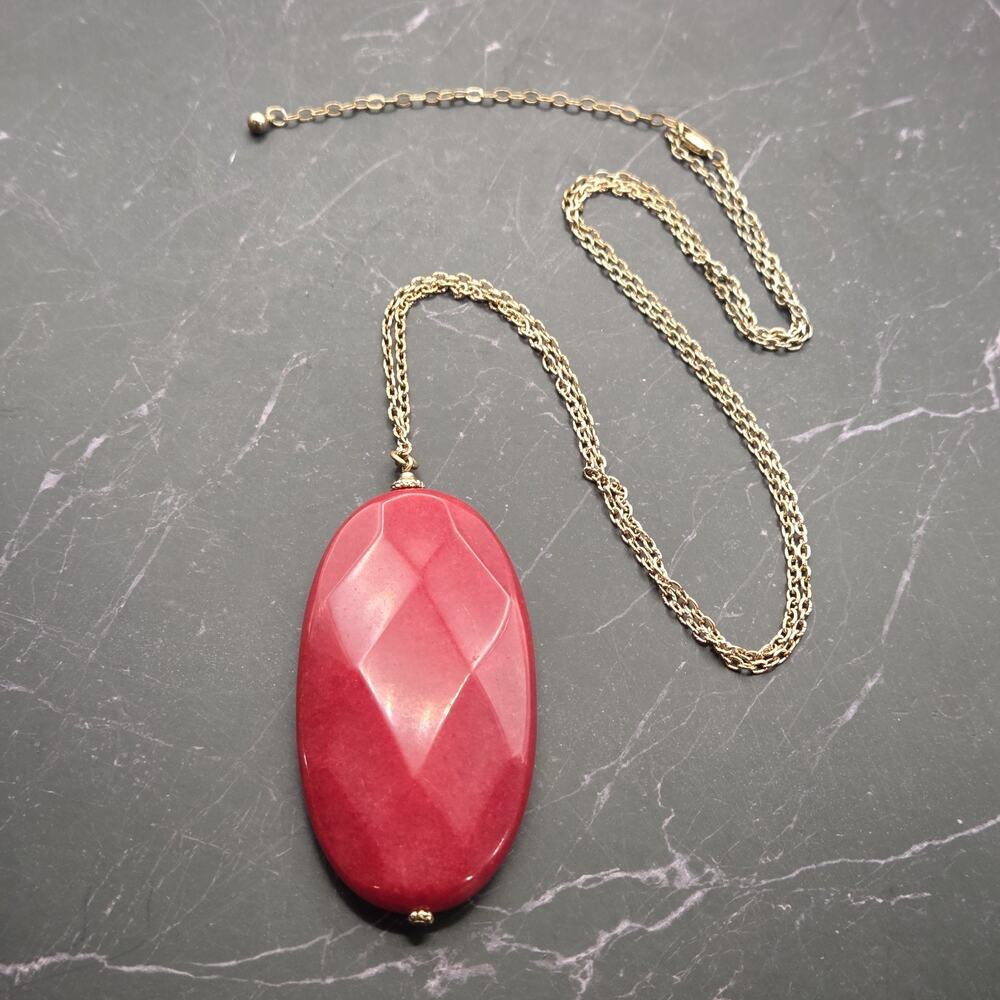 Rhodochrosite Red Statement Pendant Necklace Chunky Faceted Gold Tone 30" Chain